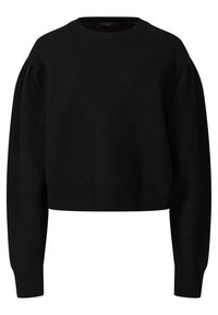 Schwarzer Wollpullover mit Rundhalsausschnitt, langen Ärmeln und leicht gepufften Schultern. Verfügt über ein kurzes Design und gerippte Bündchen.