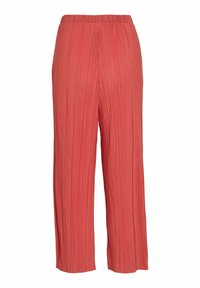 Geplooide wijde broek in korkleur, met een elastische tailleband en verticale strepen, gemaakt van luchtige stof voor comfort.