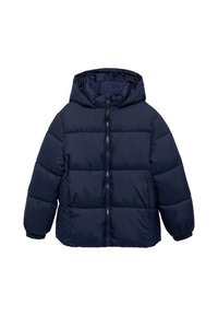 Navyblauwe gewatteerde jas met capuchon, voorzien van een volledige frontzipper en elastische manchetten. Het ontwerp heeft een gestikt patroon voor isolatie.