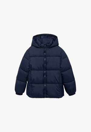 Navy blue puffer jacket with a hood, featuring a full front zipper and elastic cuffs. The design has a quilted pattern for insulation.