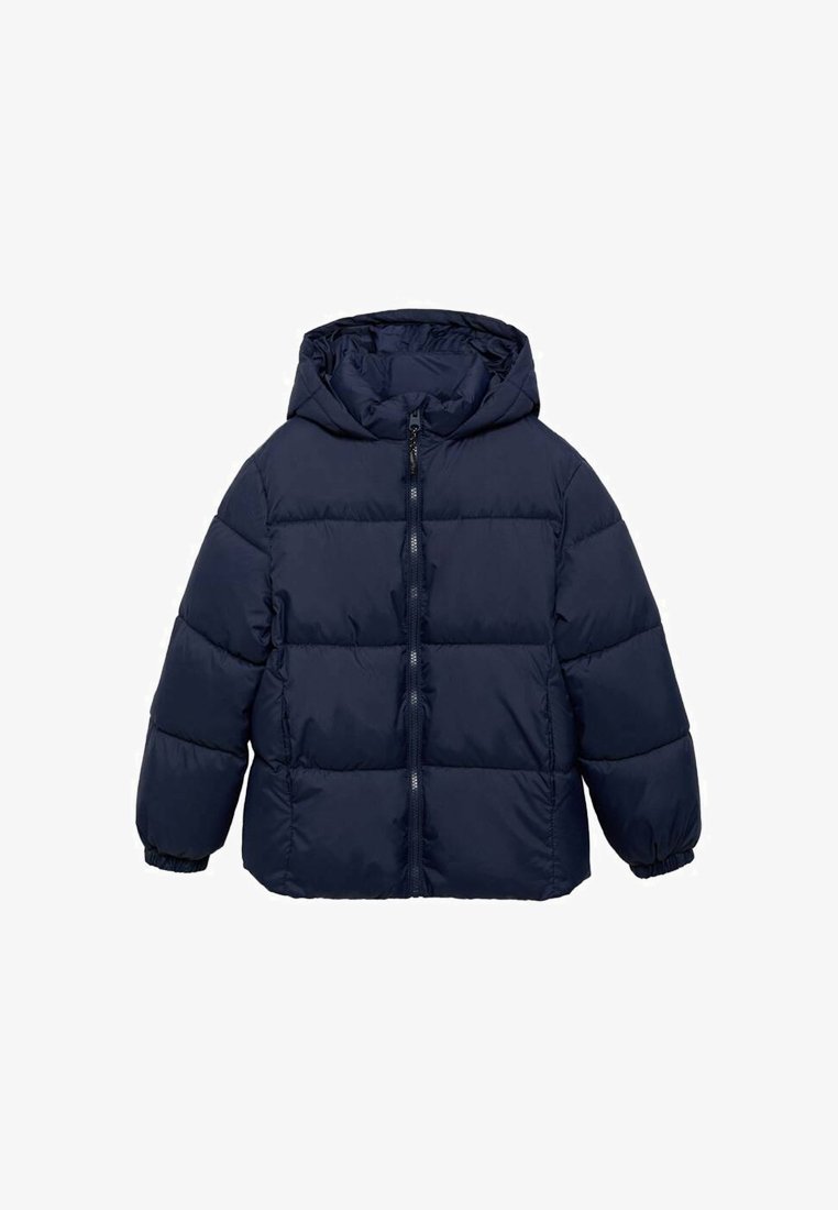 Námořnický modrý péřový kabát s kapucí, nabízí plný přední zip a elastické manžety. Design má prošívaný vzor pro zateplení.