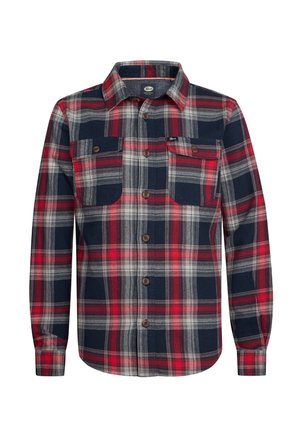 Camicia di flanella con un motivo a quadri rosso, blu navy e grigio. Presenta una chiusura con bottoni davanti, due tasche sul petto e maniche lunghe.
