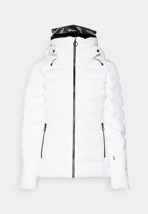 White puffer jacket with a high collar, zip closure, black accents, and a detachable hood. Features a quilted design and zippered pockets.