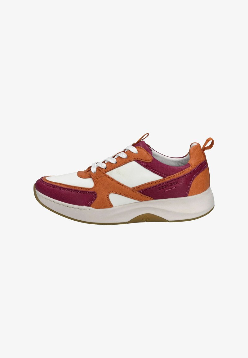Sneakers featuring a mix of white, orange, and burgundy textile with a cushioned sole, lace-up design, and pull tab at the heel.