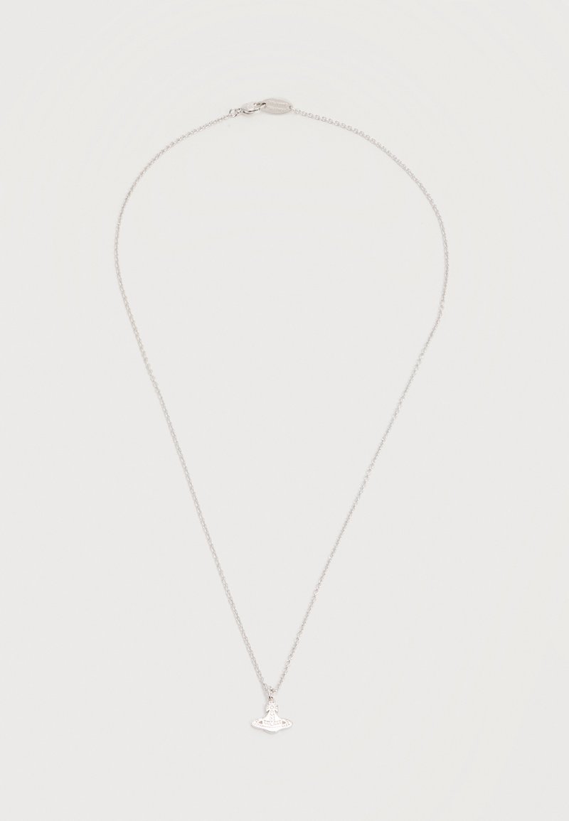 Silver chain necklace with a small, detailed globe-shaped pendant hanging at the center on a white background.