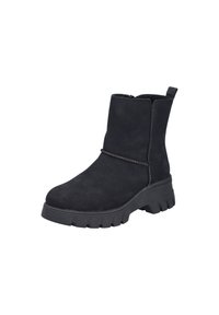 Schwarze Wildleder-Ankle-Boots mit glatter Textur, seitlichem Reißverschluss und robuster Gummisohle mit geriffeltem Muster für besseren Halt.