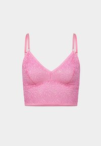 Roze kanten bralette met bloemenpatroon, verstelbare bandjes en een zachte textuur. De cups zijn naadloos vervaardigd voor een gladde afwerking.