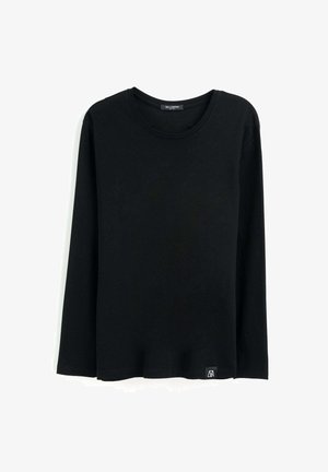 Schwarzes Longsleeve-T-Shirt aus weicher Baumwolle, mit rundem Halsausschnitt und geradem Saum. Kleines Markenlabel an der unteren linken Seite.