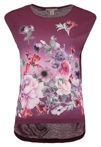 Haut sans manches de couleur mauve, avec un imprimé floral aux accents roses, violets et verts. Tissu doux avec un ourlet arrière légèrement plus long.