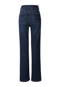 Temno modre kavbojke iz denima z ravnim krojem nogavic, z dvema zadnjima žepoma in svetlimi šivi kot poudarki. Material je videti gladek in trden.