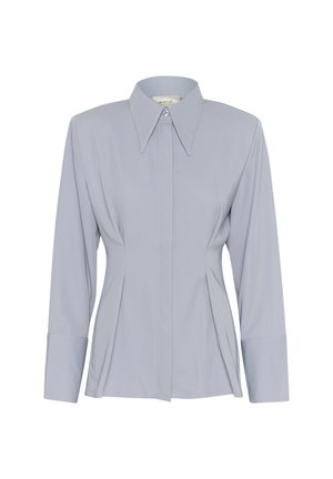 Light blue long-sleeve blouse with a pointed collar, front button closure, and subtle pleats. Made from smooth fabric with a tailored fit.