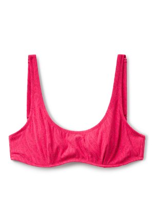 Růžový bikinový top s hladkým povrchem, zdobený vlnitým vzorem a širokými ramínky. Design zahrnuje kulatý výstřih a bezešvé okraje.