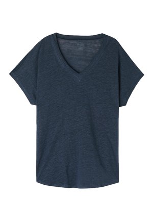 T-shirt à col en V bleu marine avec des manches courtes, fabriqué à partir d'un tissu doux et texturé.Présente une coupe détendue et un ourlet droit.