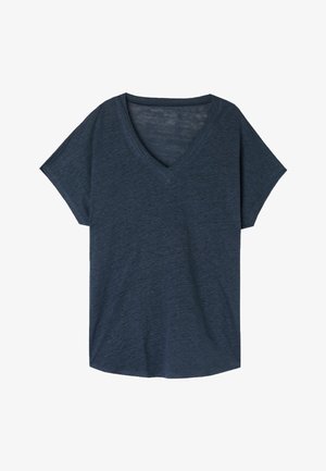 T-shirt à col en V bleu marine avec des manches courtes, fabriqué à partir d'un tissu doux et texturé.Présente une coupe détendue et un ourlet droit.