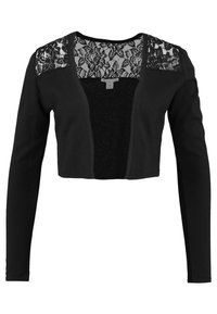 Svart kort kavaj med långa ärmar, med spetsdekorationer på axlarna. Mjuk tygtextur, öppen framsida.