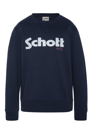 Marineblauwe katoenen sweatshirt met ronde hals, lange mouwen en geribbelde manchetten. Gekenmerkt door een groot wit "Schott" logo en "N.Y.C." in wijnrood.
