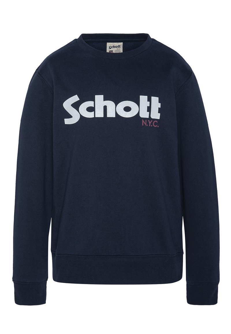 Felpa in cotone blu navy con collo a giro, maniche lunghe e polsini a coste. Presenta un grande logo bianco "Schott" e "N.Y.C." in bordeaux.