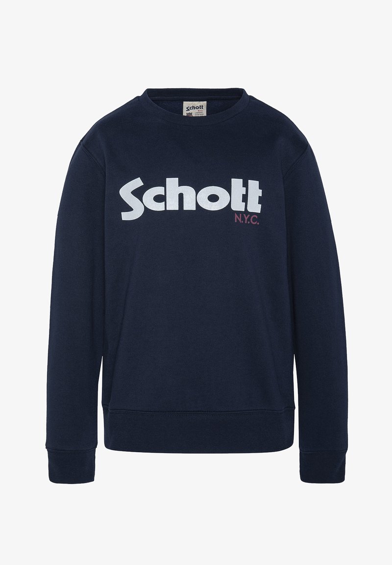 Felpa in cotone blu navy con collo a giro, maniche lunghe e polsini a coste. Presenta un grande logo bianco "Schott" e "N.Y.C." in bordeaux.
