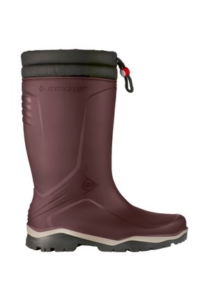Dark brown Dunlop waterproof rubber boot with black padded top and pull cord, designed for outdoor use and rough terrain.