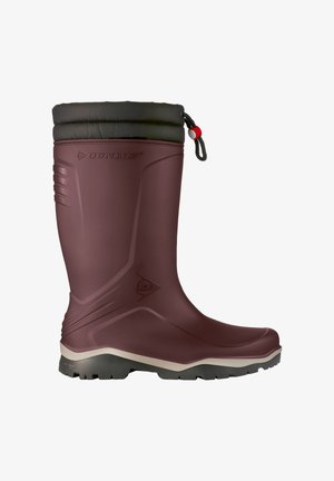 Dunkelbrauner Dunlop wasserdichter Gummistiefel mit schwarzem gepolstertem Schaft und Kordelzug, entwickelt für den Außeneinsatz und raues Gelände.