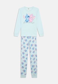 Pyjama en bleu clair à manches longues mettant en vedette les personnages Stitch et Angel, avec un cœur en haut et un imprimé intégral des personnages sur le pantalon.