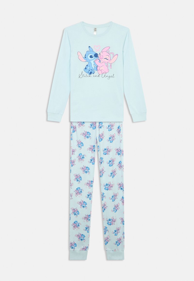 Pijamas de manga longa azul-claro com os personagens Stitch e Angel, com um coração na parte de cima e um padrão com os personagens em toda a calça.