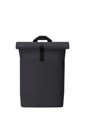 Black roll-top backpack with front pocket and carrying handle, shown against a white background.