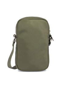 Borsa a tracolla compatta verde oliva con chiusura a cerniera e tracolla regolabile attaccata a anelli in metallo su uno sfondo bianco.