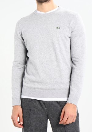Homme portant un pull gris clair à manches longues avec un petit logo crocodile vert sur la poitrine, un pantalon gris foncé et un sous-vêtement blanc.