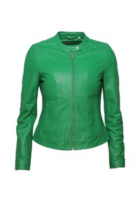 Groene leren jas met een strakke pasvorm, hoge kraag, voorrits en zijzakken. Gladde textuur en minimalistische stijl.