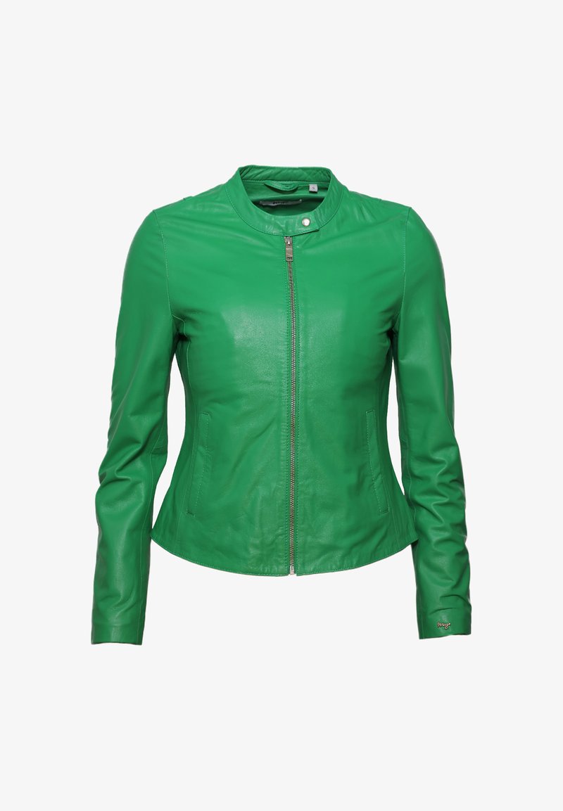 Groene leren jas met een strakke pasvorm, hoge kraag, voorrits en zijzakken. Gladde textuur en minimalistische stijl.