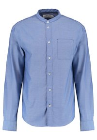 Jasnoniebieska koszula z długim rękawem, z kołnierzykiem mandaryńskim, z zapięciem na guziki, małą kieszonką na piersi i gładką fakturą. Cecha to prosty design.
