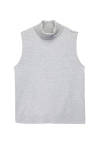 Suéter gris sin mangas de cuello alto con un borde acanalado, hecho de una suave tela de punto, que presenta un corte holgado y bordes limpios.