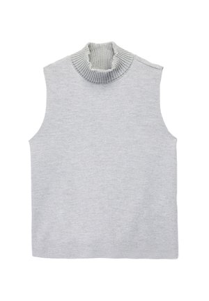 Grijze mouwloze coltrui met een geribbelde kraag, gemaakt van zacht gebreid stof, met een relaxte pasvorm en schone randen.