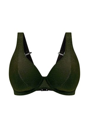 Olijfgroene beha met gladde textuur, diepuitgesneden halslijn, verstelbare bandjes en haaksluiting aan de achterkant.