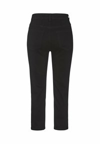 Schwarze Jeans mit geradem Bein, von hinten gezeigt, mit zwei Gesäßtaschen, Gürtelschlaufen und mittelhoher Taille.