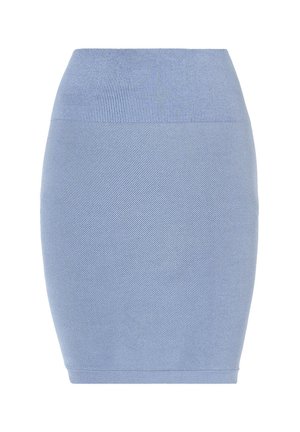 Blå ribbet blyantskirt med en tætsiddende silhuet. Har en høj talje og en glat tekstur, designet til tætsiddende bæring.