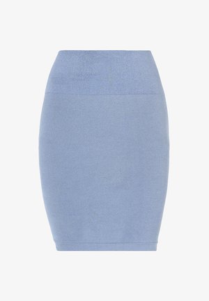 Blå ribbet blyantskirt med en tætsiddende silhuet. Har en høj talje og en glat tekstur, designet til tætsiddende bæring.