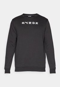 Black sweatshirt made of cotton blend fabric. Features a crew neck, long sleeves, and white "HYDROX" print across the chest.