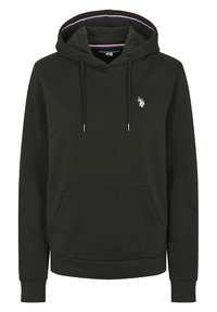 Mörkgrön huvtröja i bomull, med en framficka, justerbara snoddar och en logotyp broderad på bröstet.