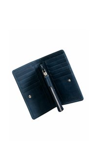 Navy leren portemonnee met een gladde textuur, meerdere kaartsleuven, een rits muntzakje en een drukknoopsluiting.