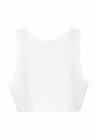 Witte mouwloze crop top weergegeven van de achterkant, met een eenvoudig ontwerp en een ronde halslijn.