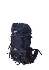 Sac à dos bleu marine avec accents noirs, fabriqué en nylon texturé. Comprend des bretelles ajustables, plusieurs compartiments et une fermeture supérieure à cordon.