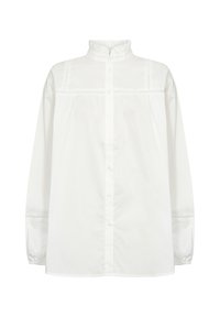 White long-sleeve button-up shirt with a high collar, pleated front detail, and gathered sleeves. Made of lightweight cotton fabric.