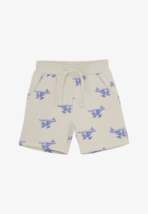 Beige Baumwoll-Shorts mit elastischem Bund und Kordelzug, mit einem sich wiederholenden blauen Flugzeuggrafikmuster.