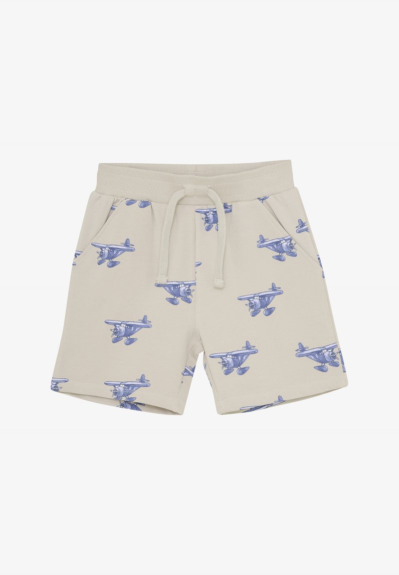 Beige Baumwoll-Shorts mit elastischem Bund und Kordelzug, mit einem sich wiederholenden blauen Flugzeuggrafikmuster.