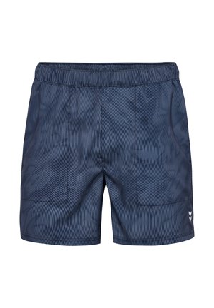 Marinblå shorts med ett strukturerat, vertikalt randmönster. Har en elastisk midja, två framfickor och en liten logotyp på det nedre benet.