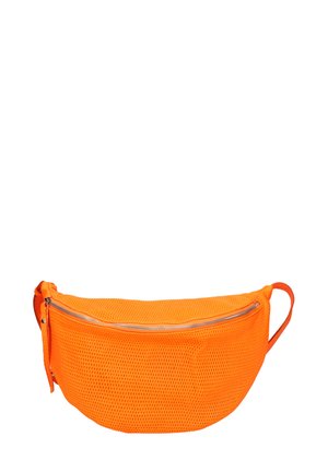 Orange mesh fanny pack with a curved shape, featuring a front zipper pocket and a side strap for carrying. Textured and lightweight design.