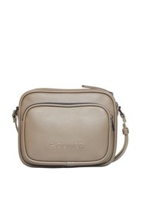 Beige Leder-Crossbody-Tasche mit strukturiertem Finish, ausgestattet mit einer Vorderreißverschlusstasche und dem Markennamen "S. OLIVER", der auf der Oberfläche eingeprägt ist.