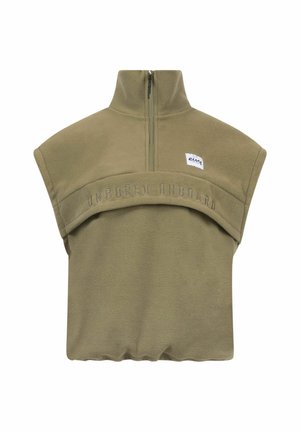 Pull en polaire vert olive avec un col montant, des manches courtes et une fermeture éclair à l'avant. Présente un texte brodé "UNBORED ONBOARD" sur la poitrine.